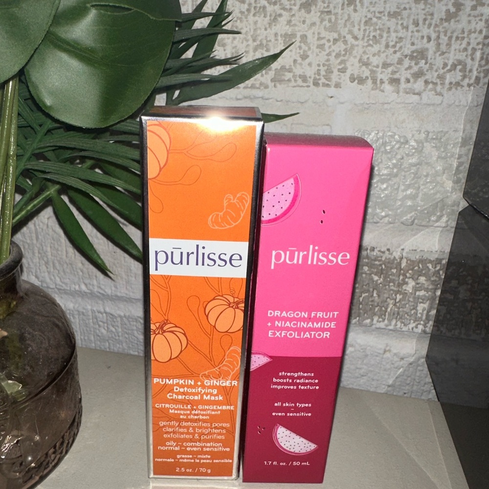 Purlisse pumpkin and ginger charcoal mask and dragon fruit exfoliator